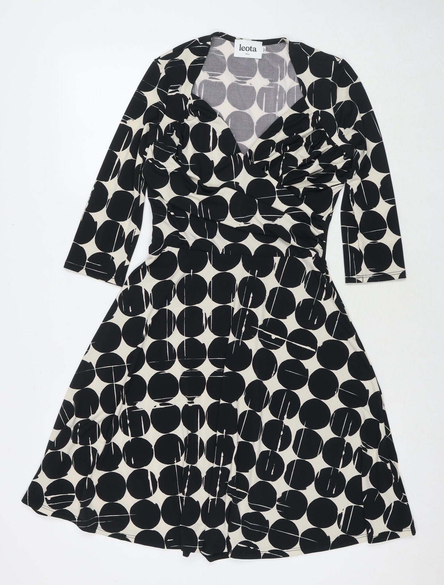 Leota Womens Black Polka Dot Polyester Fit & Flare Size S V-Neck Pullover