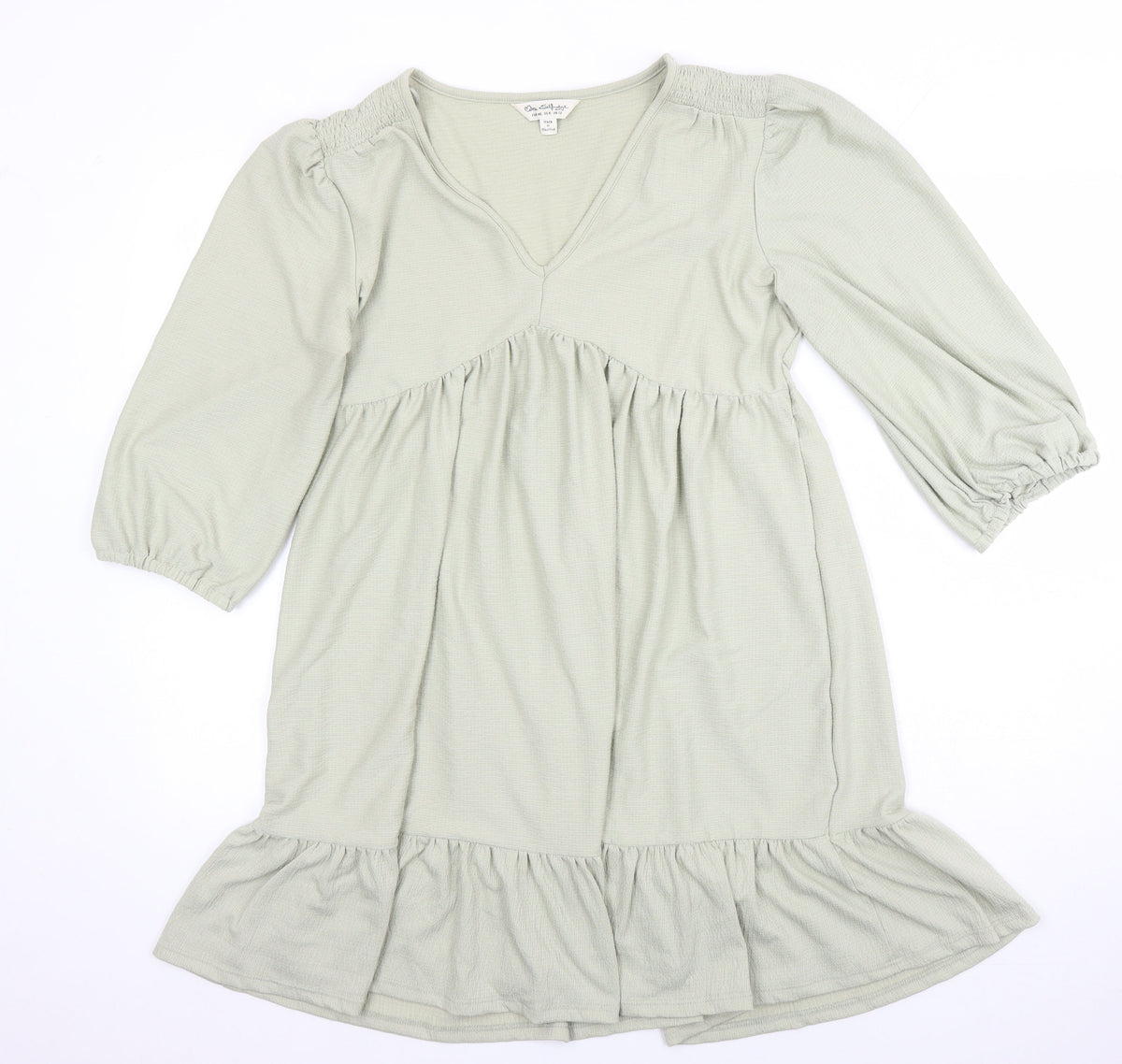 Additional front view of Miss Selfridge women’s green polyester tunic blouse, size UK 12, v-neck
