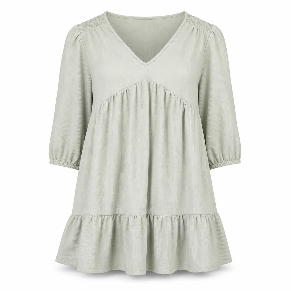 Front view of Miss Selfridge women’s green polyester tunic blouse, size UK 12, v-neck