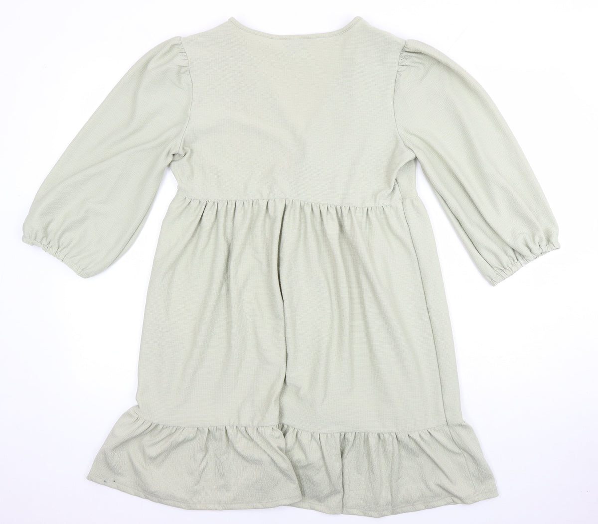 Back view of Miss Selfridge women’s green polyester tunic blouse, size UK 12, v-neck