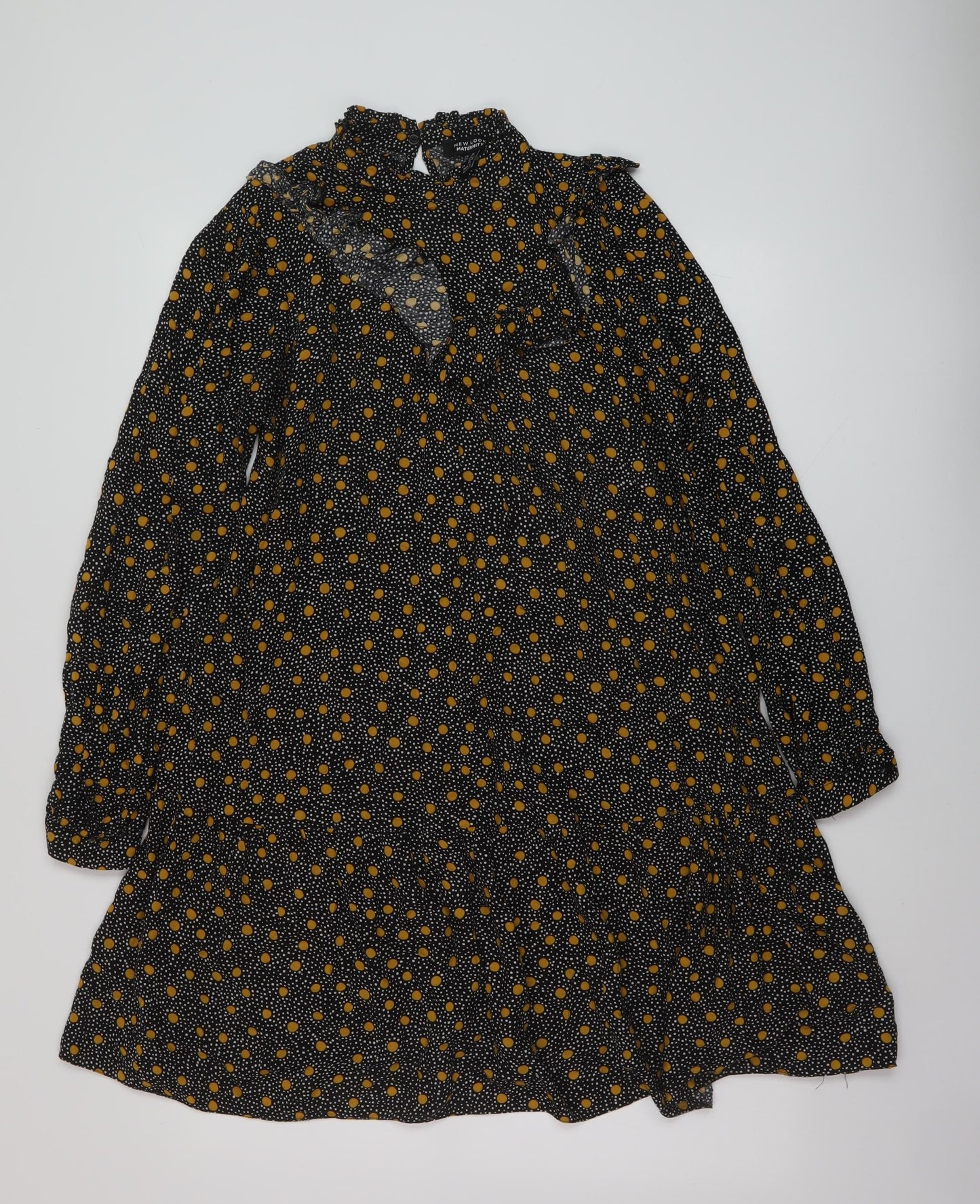 New Look Womens Black Geometric Viscose A-Line Size 12 Mock Neck Button