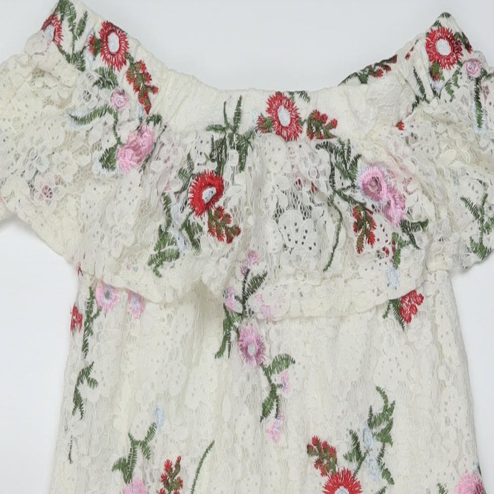 New Look Womens White Floral Cotton A-Line Size 6 Square Neck Pullover