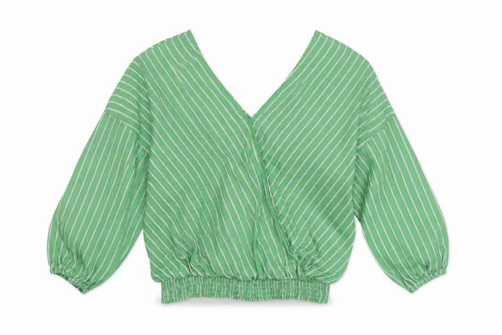 Marks and Spencer Womens Green Striped Cotton Basic Blouse Size 14 V-Neck