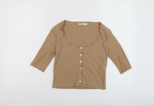 Stradivarius Womens Brown Polyester Cropped T-Shirt Size S Scoop Neck