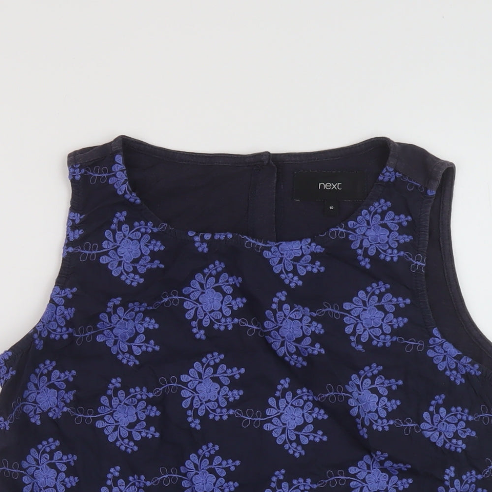 NEXT Womens Blue Geometric Cotton Basic Tank Size 10 Round Neck