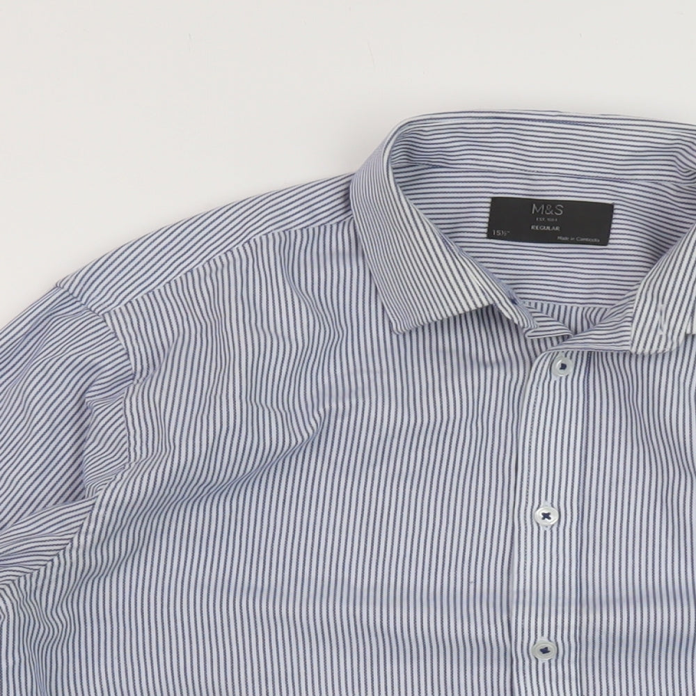 Marks and Spencer Mens Blue Striped Polyester Button-Up Size 15.5 Collared Button