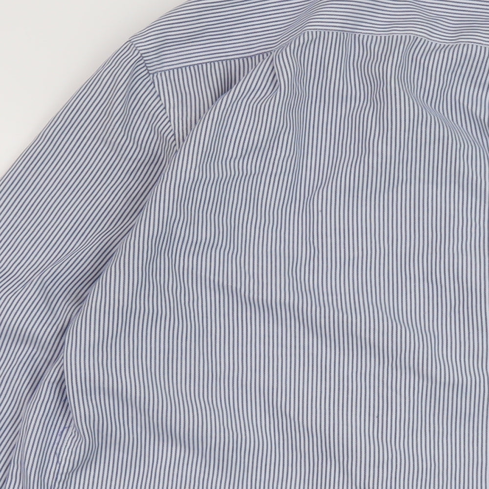Marks and Spencer Mens Blue Striped Polyester Button-Up Size 15.5 Collared Button
