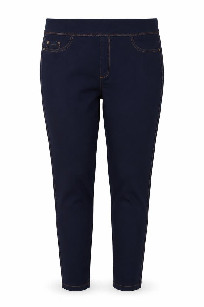 Front view of Denim & Co. women’s blue cotton jegging jeans, size UK 14, 28-inch leg regular