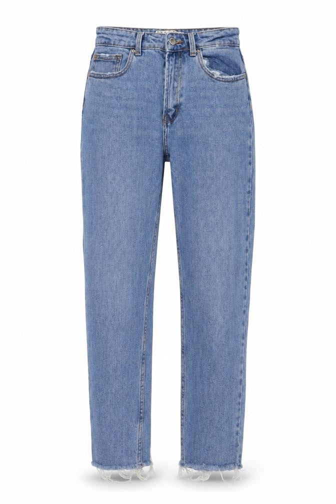 Front view of Denim & Co. women’s blue cotton mom jeans, size UK 8, 25-inch leg regular button