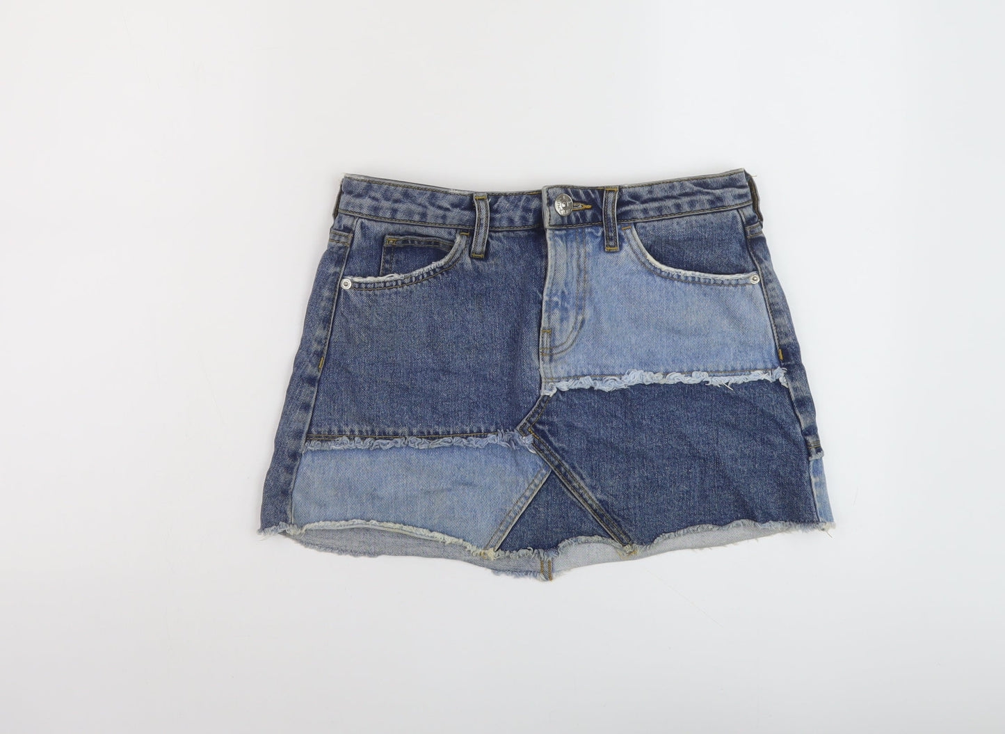 River Island Womens Blue Cotton Mini Skirt Size 8 Button