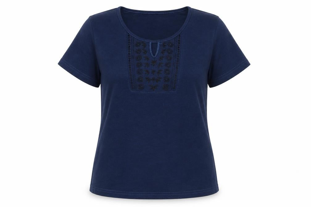 Bonmarché Womens Blue Polyester Basic T-Shirt Size M Crew Neck - Keyhole neck, Embroidered