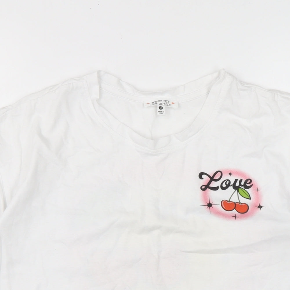 Messy Bun Womens White Cotton Basic T-Shirt Size M Crew Neck
