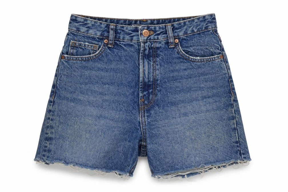 Front view of Berksha women’s blue cotton cut-off shorts, size UK 6, regular zip