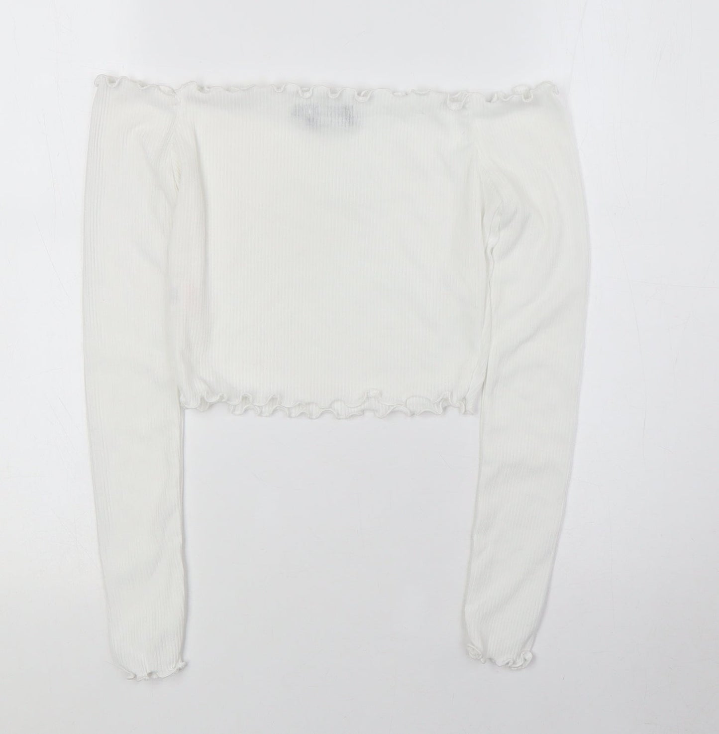 PRETTYLITTLETHING Womens White Polyester Basic Blouse Size 6 Off the Shoulder - Ribbed