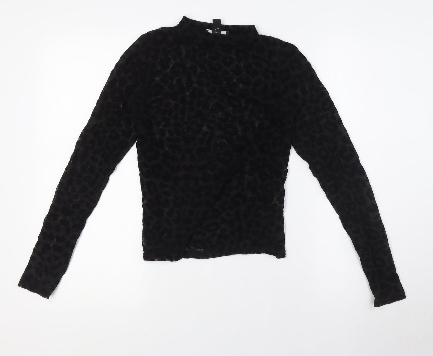 New Look Womens Black Animal Print Polyester Basic T-Shirt Size 8 Mock Neck