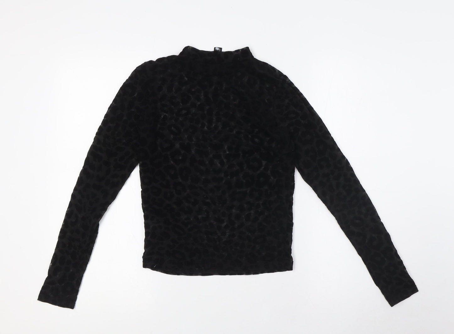 New Look Womens Black Animal Print Polyester Basic T-Shirt Size 8 Mock Neck