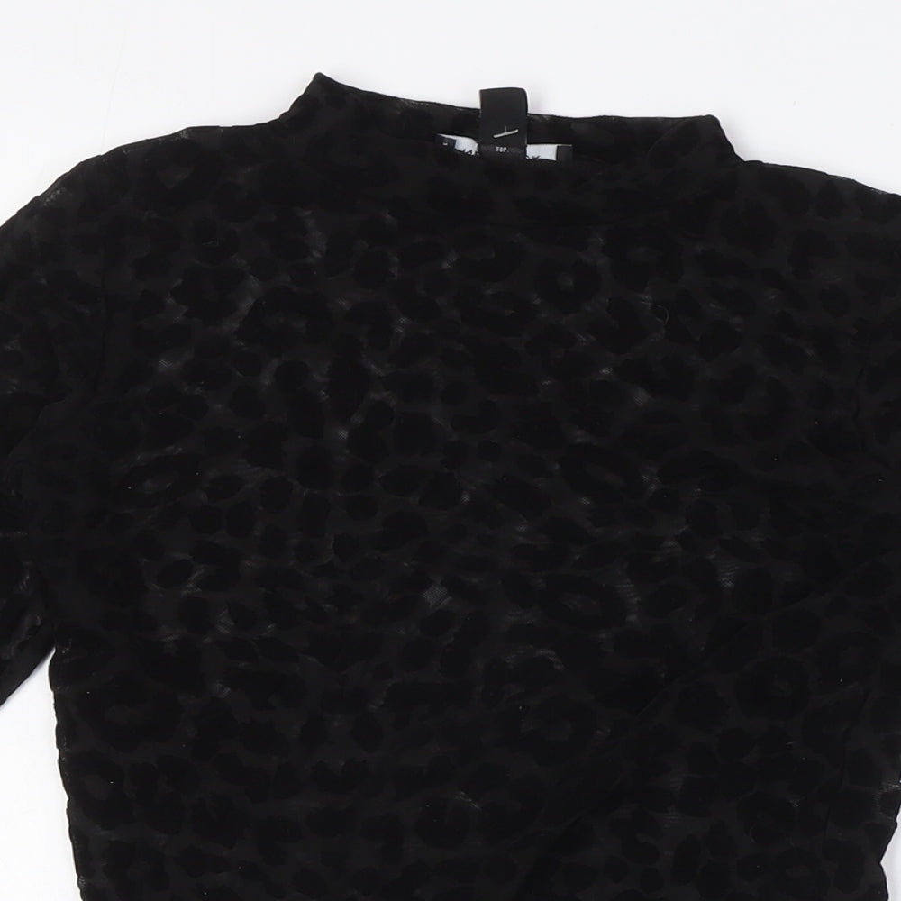 New Look Womens Black Animal Print Polyester Basic T-Shirt Size 8 Mock Neck