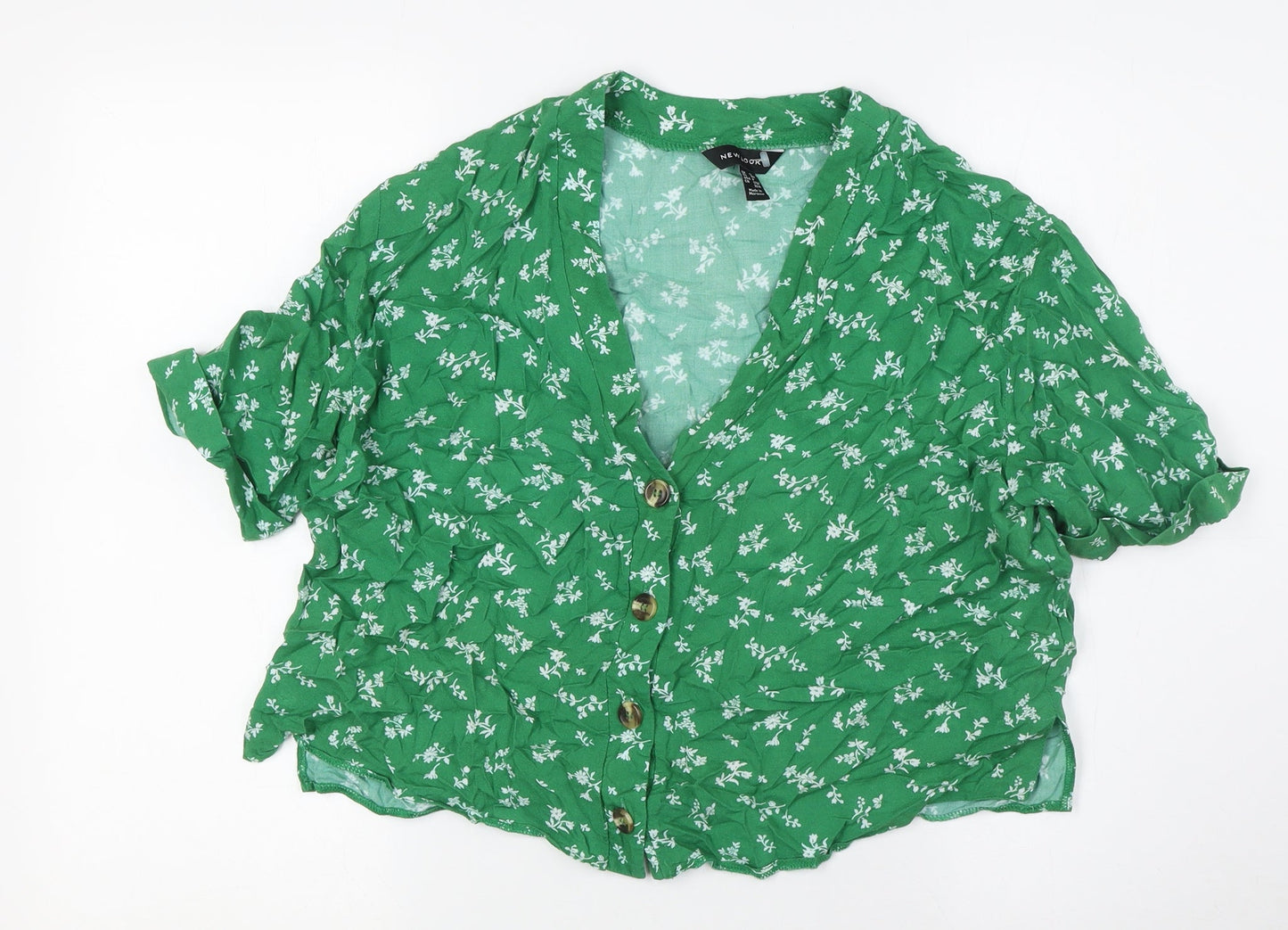 New Look Womens Green Floral Viscose Basic Button-Up Size 12 V-Neck