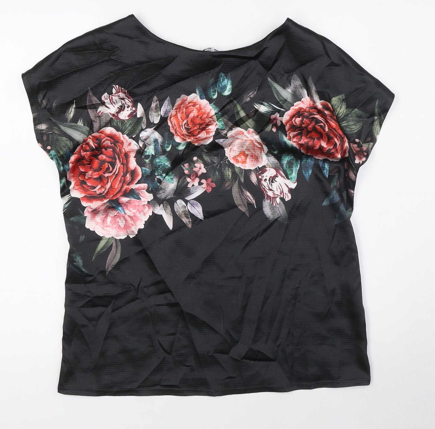 Marks and Spencer Womens Black Floral Polyester Basic T-Shirt Size 10 Boat Neck
