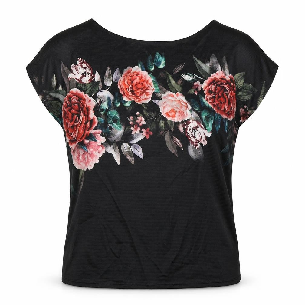 Marks and Spencer Womens Black Floral Polyester Basic T-Shirt Size 10 Boat Neck