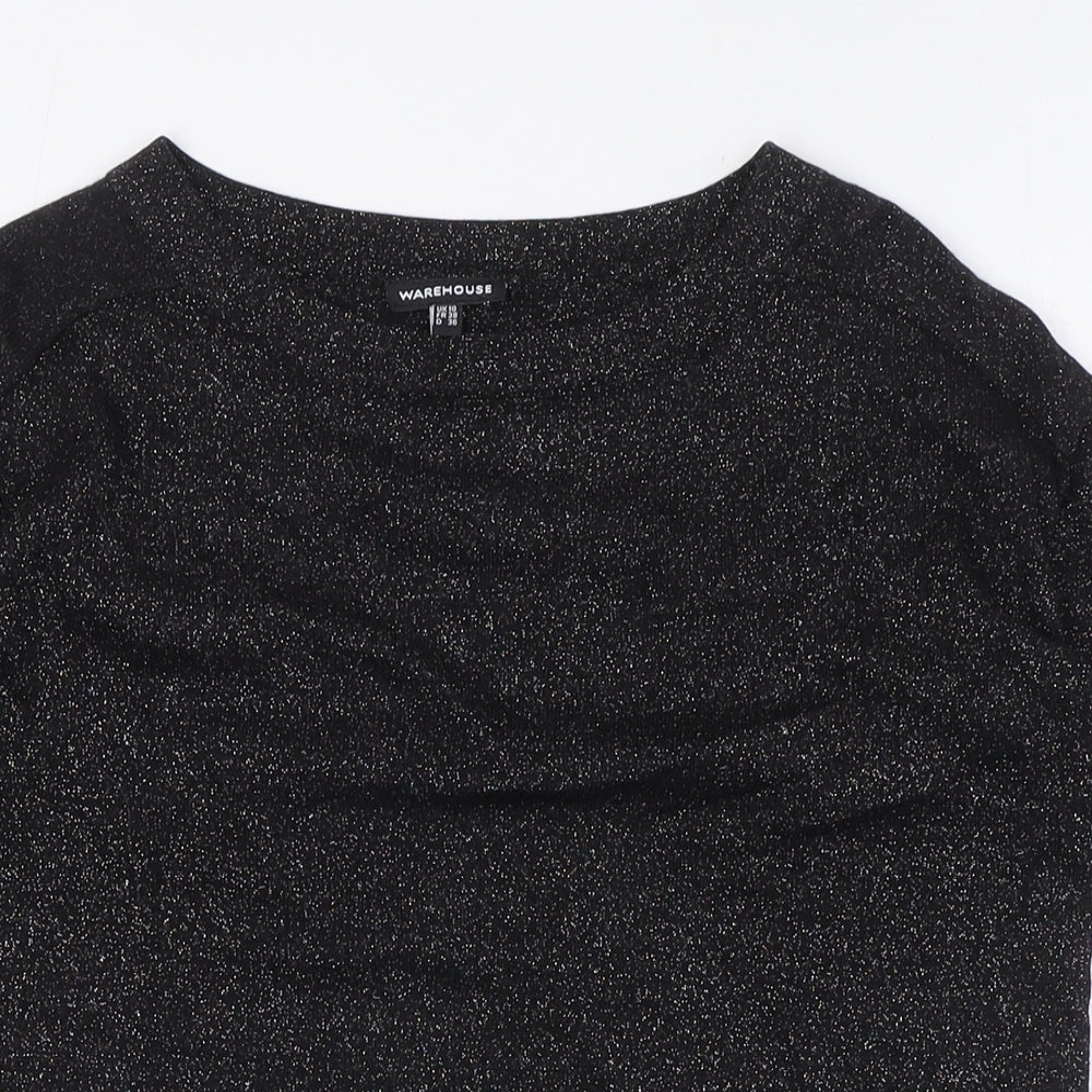 Warehouse Womens Black Viscose Basic T-Shirt Size 10 Crew Neck - Silver Fleck