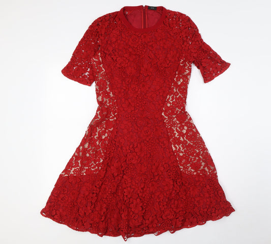 Joseph Womens Red Viscose A-Line Size 12 Round Neck Zip - Lace Overlay