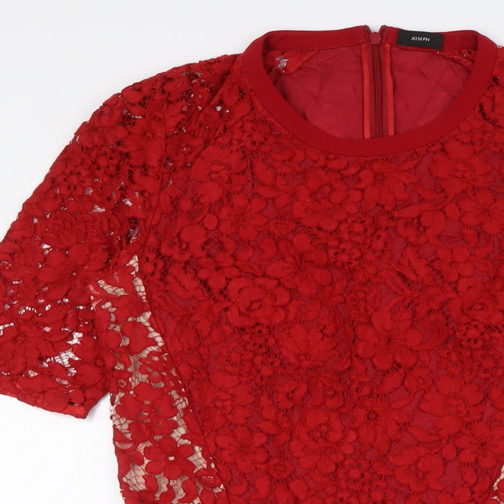 Joseph Womens Red Viscose A-Line Size 12 Round Neck Zip - Lace Overlay