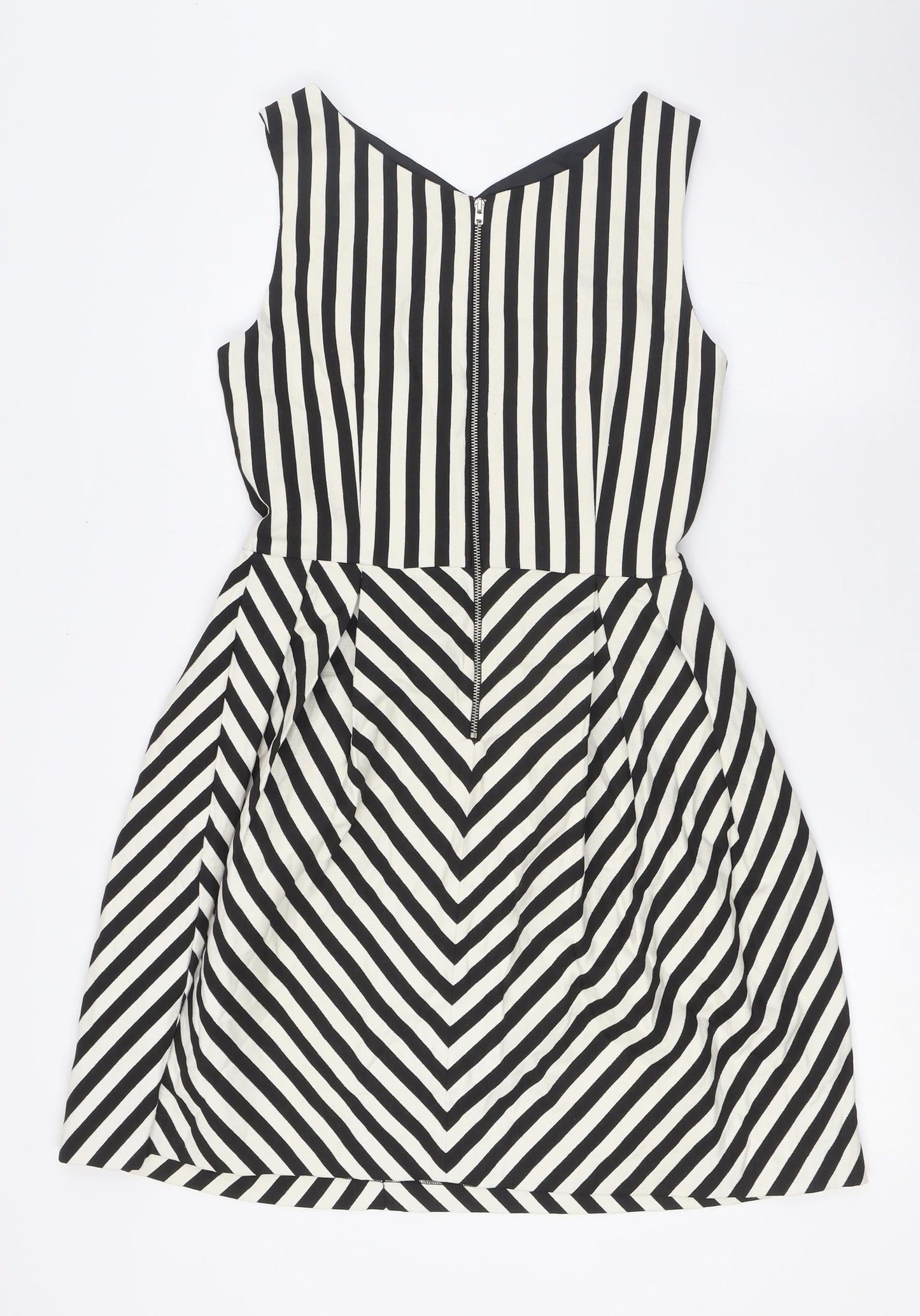 Zara Womens Black Striped Polyester A-Line Size M V-Neck Zip
