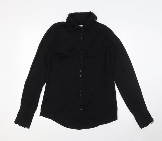 Ti MO Womens Black Silk Basic Button-Up Size M Collared - Embellished Collar
