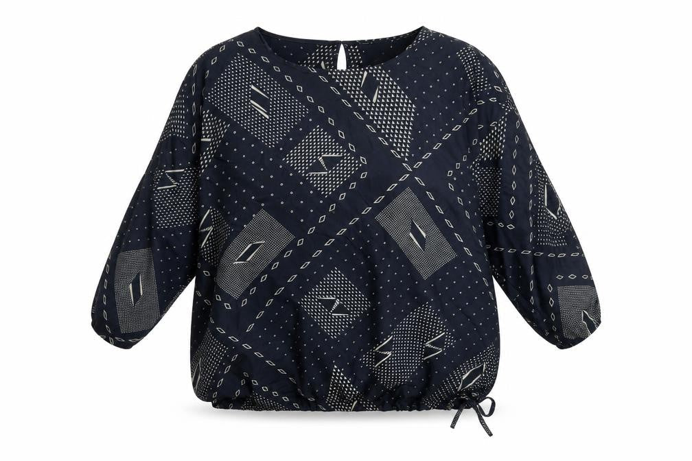 Front view of Autograph women’s blue geometric silk basic blouse, size UK 16, round neck