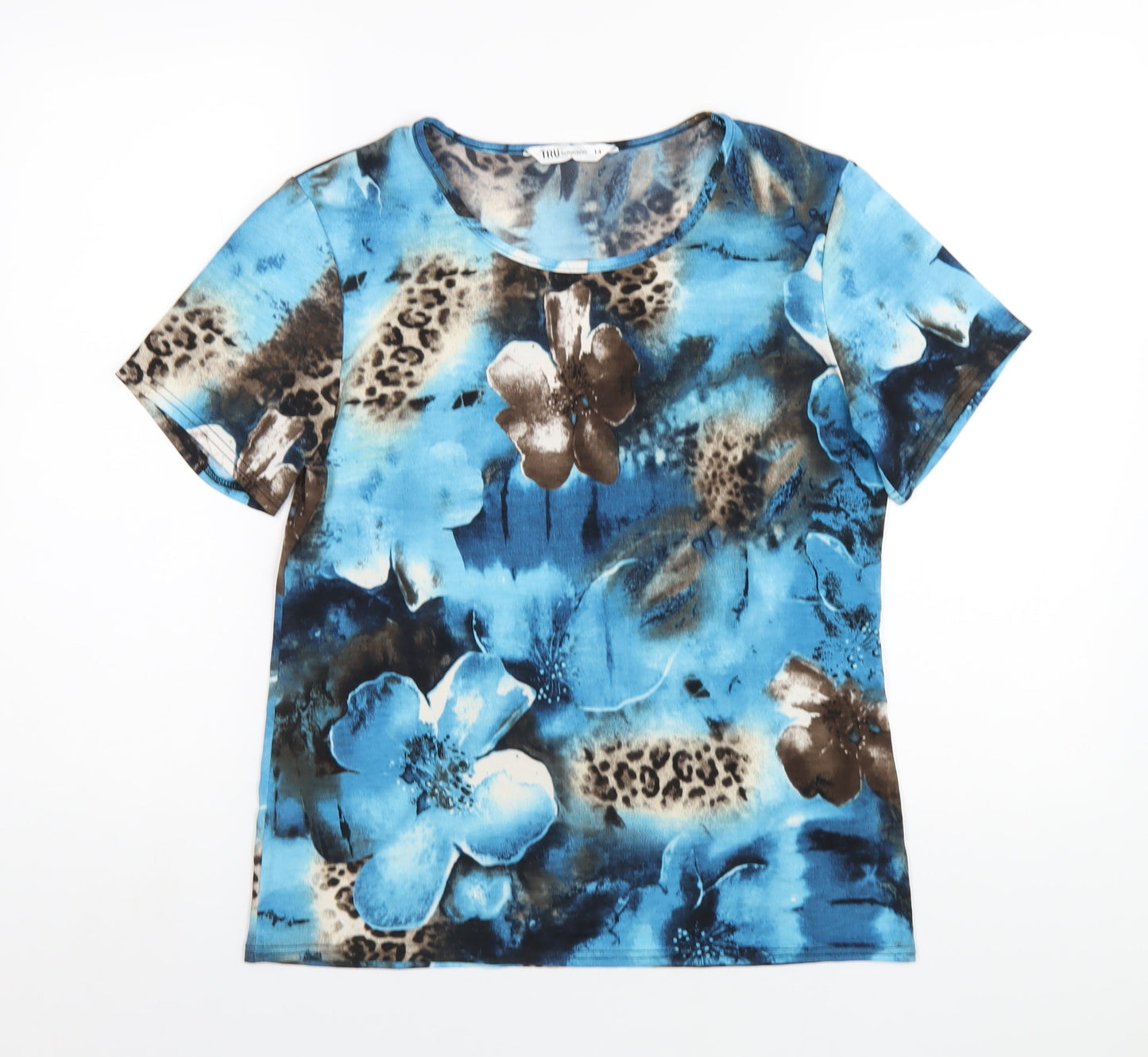 Tru Collection Womens Blue Floral Polyester Basic T-Shirt Size 14 Round Neck