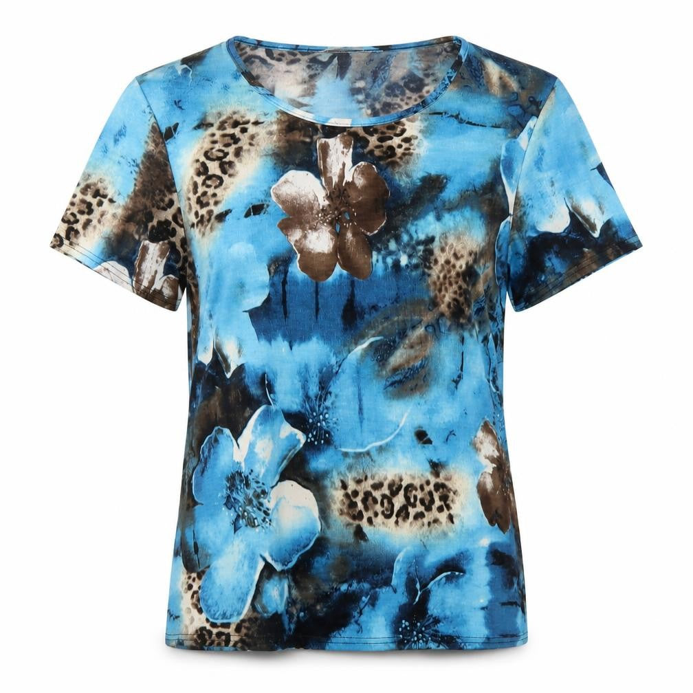 Front view of Tru Collection women’s blue floral polyester basic t-shirt, size UK 14, round neck