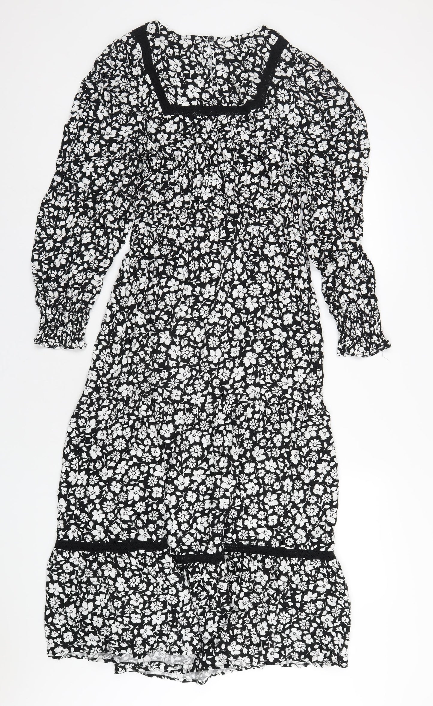 Marks and Spencer Womens Black Floral Viscose A-Line Size 10 Round Neck Button