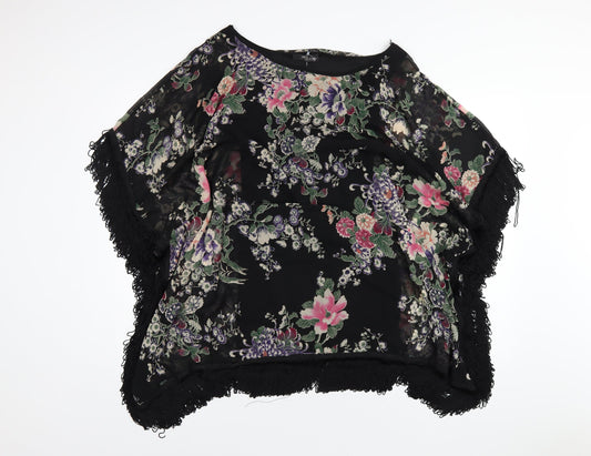 Jane Norman Womens Black Floral Polyester Basic Blouse Size 8 Round Neck - Tassle