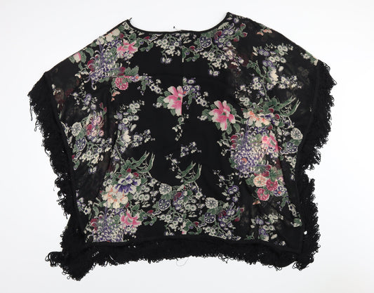 Jane Norman Womens Black Floral Polyester Basic Blouse Size 8 Round Neck - Tassle