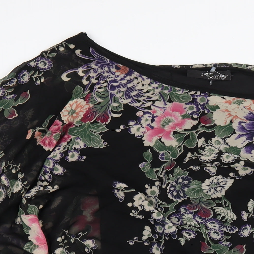 Jane Norman Womens Black Floral Polyester Basic Blouse Size 8 Round Neck - Tassle