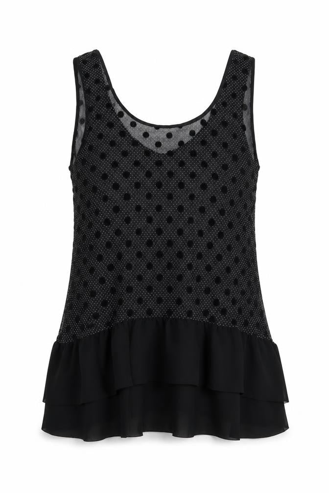 Front view of Miss Selfridge women’s black polka dot polyester basic tank, size UK 12, scoop neck