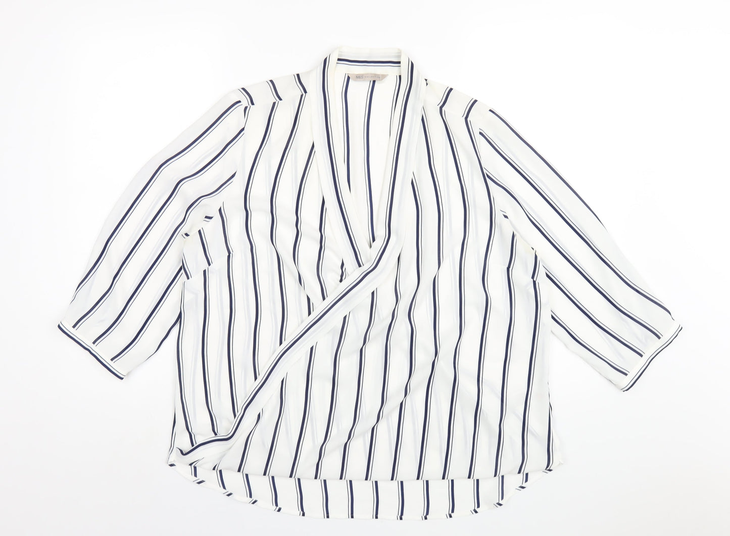 Marks and Spencer Womens White Striped Polyester Basic Blouse Size 14 V-Neck