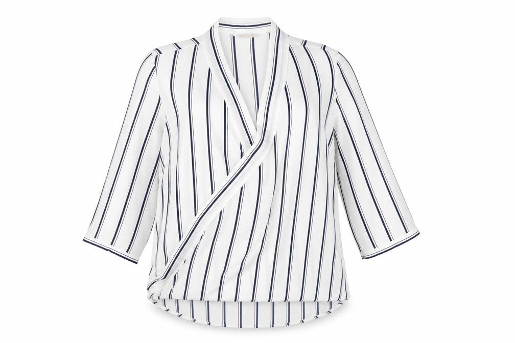 Marks and Spencer Womens White Striped Polyester Basic Blouse Size 14 V-Neck