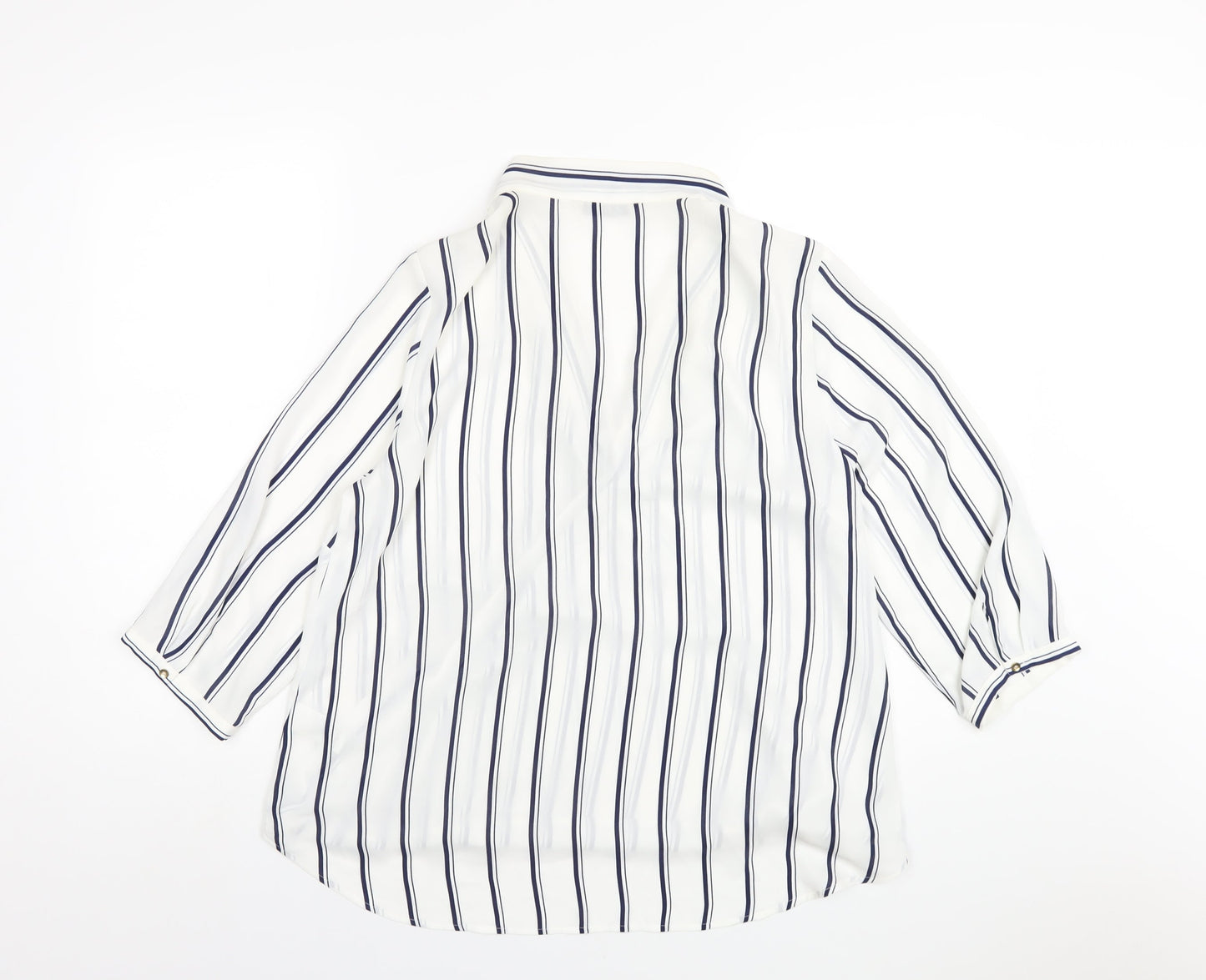 Marks and Spencer Womens White Striped Polyester Basic Blouse Size 14 V-Neck