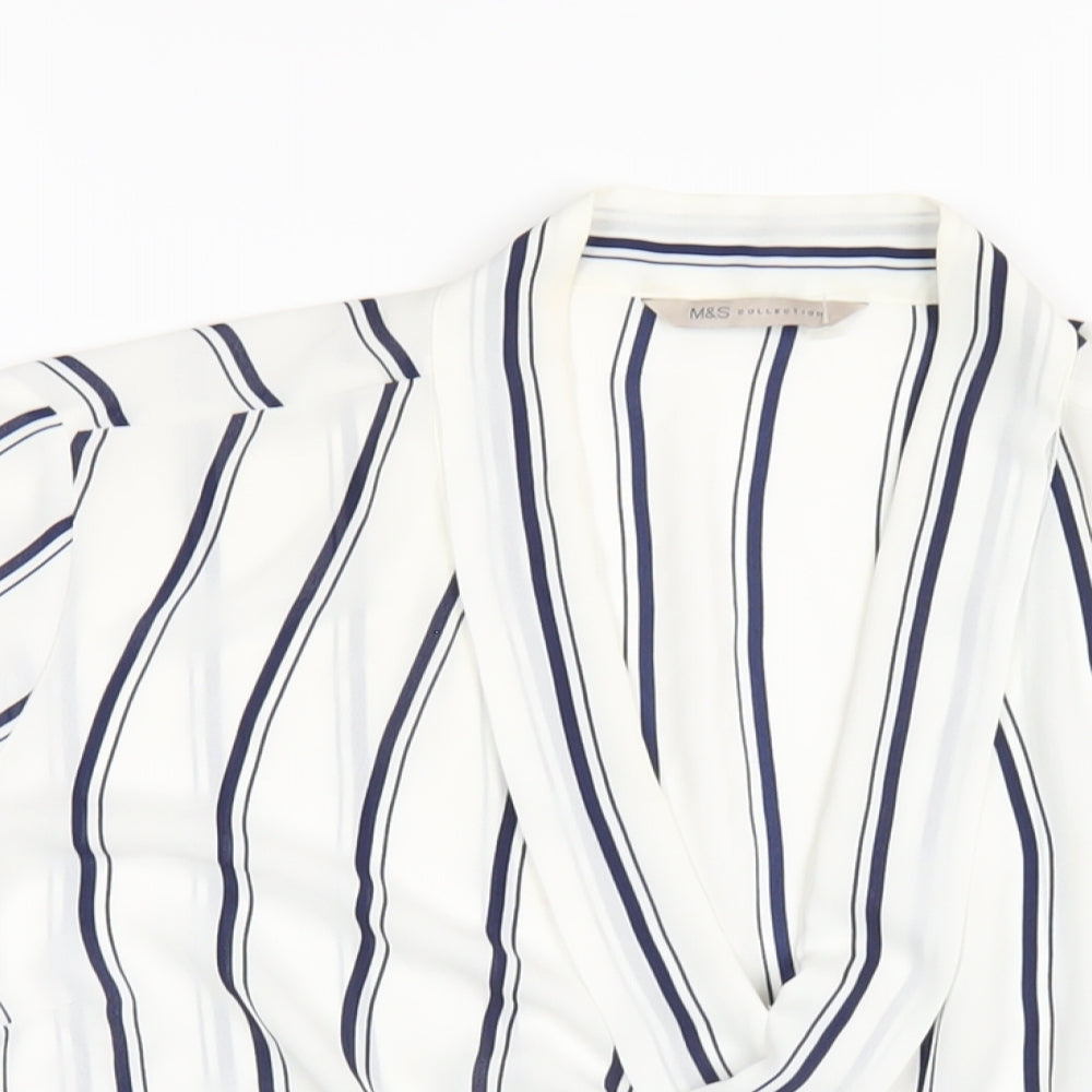 Marks and Spencer Womens White Striped Polyester Basic Blouse Size 14 V-Neck