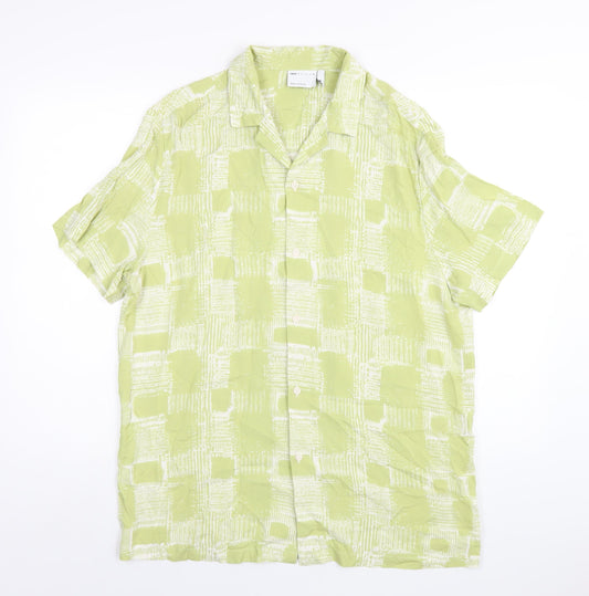 ASOS Mens Green Geometric Viscose Button-Up Size S Collared Button