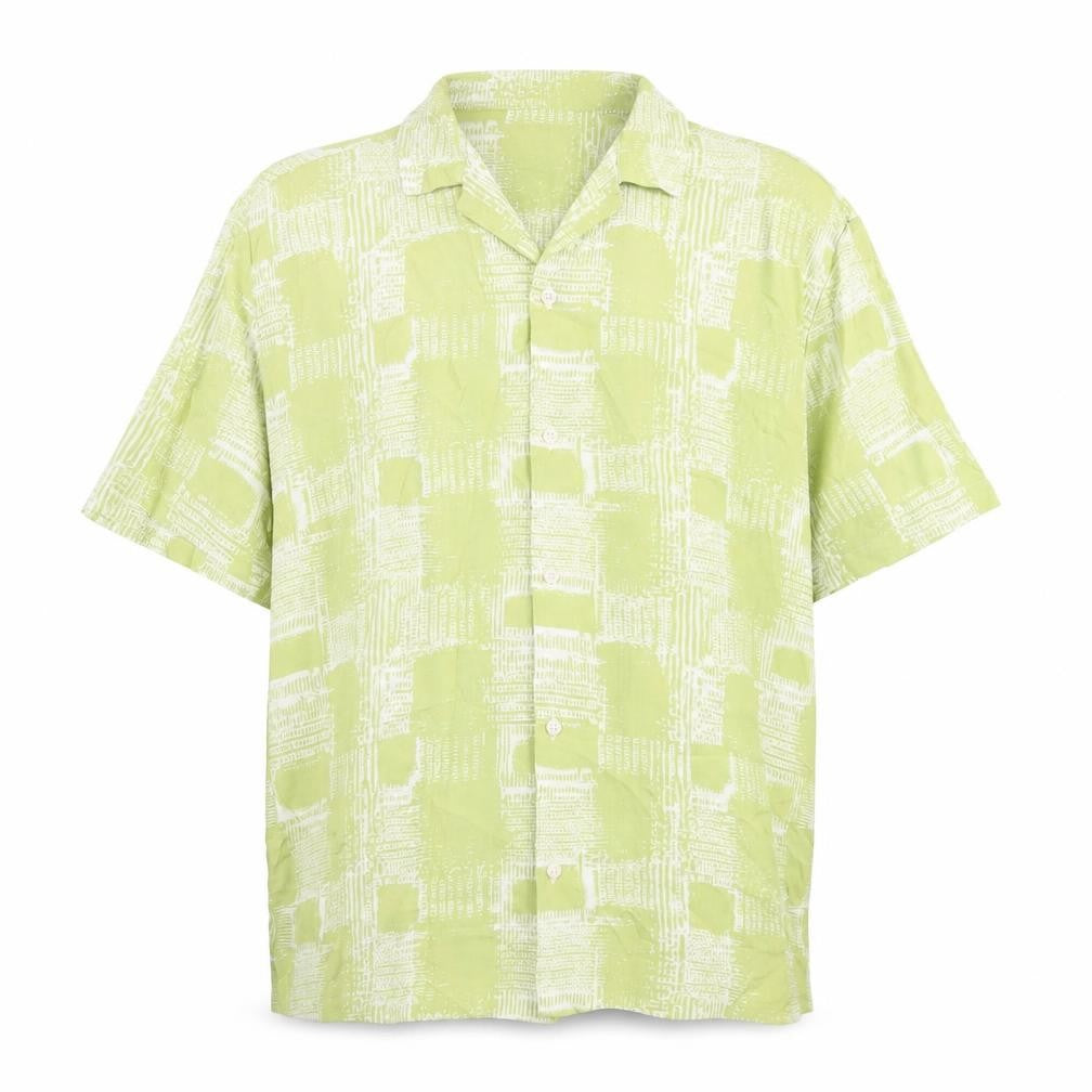 Front view of ASOS men’s green geometric viscose button-up, size S, collared button