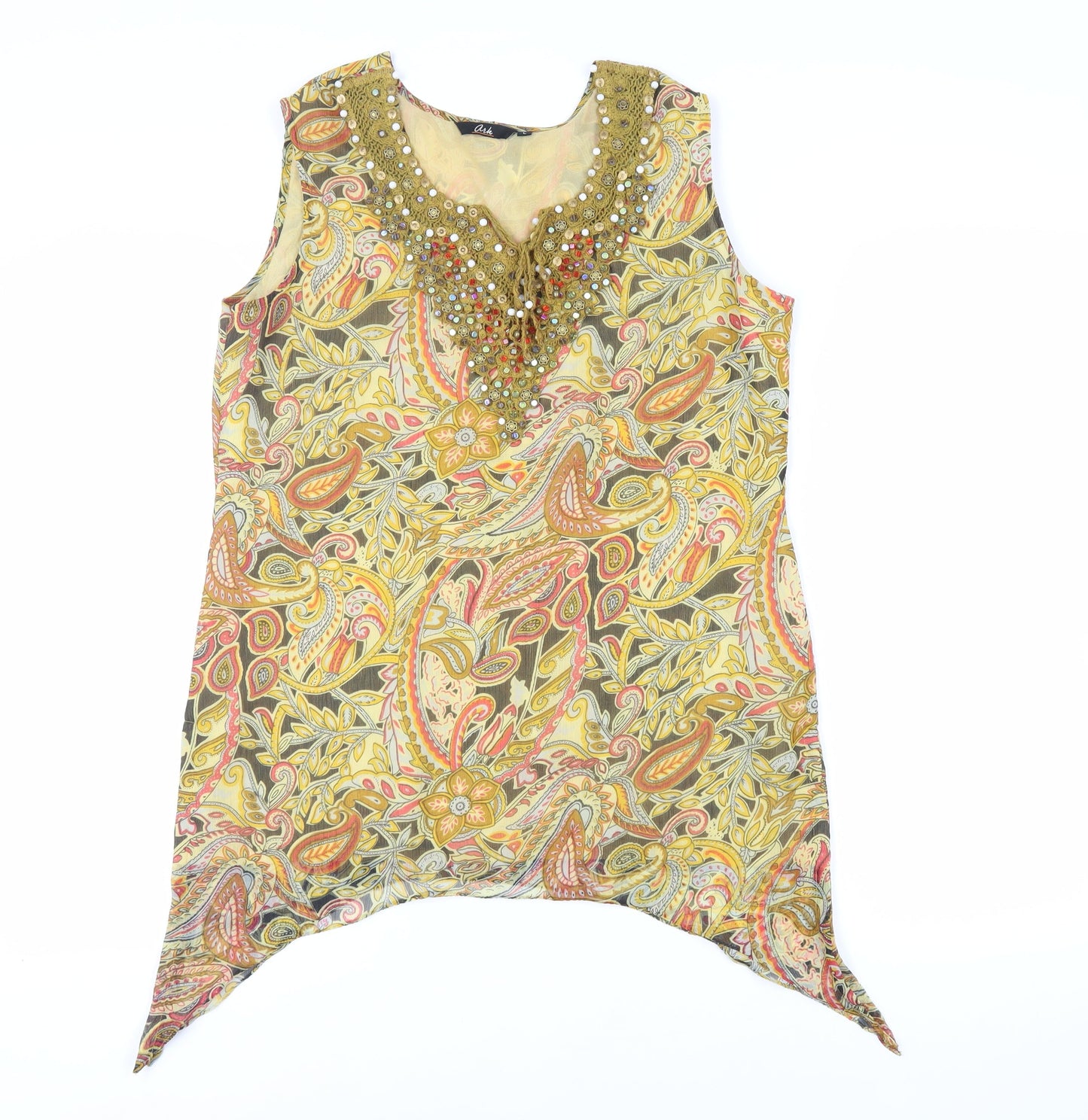 Ark Womens Yellow Paisley Polyester Basic Blouse Size L Round Neck - Embellished Neckline