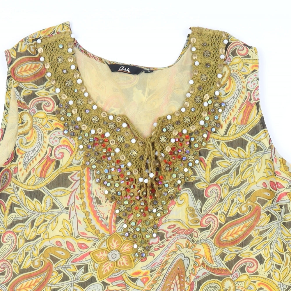 Ark Womens Yellow Paisley Polyester Basic Blouse Size L Round Neck - Embellished Neckline