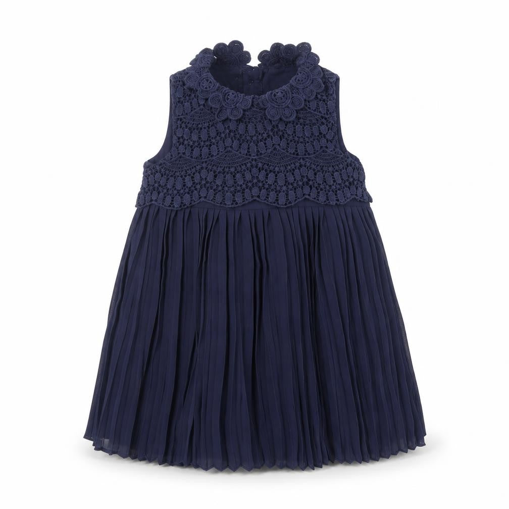Front view of mamas & papas girls’ blue polyester a-line, size 6-9, months round neck button - crochet detail