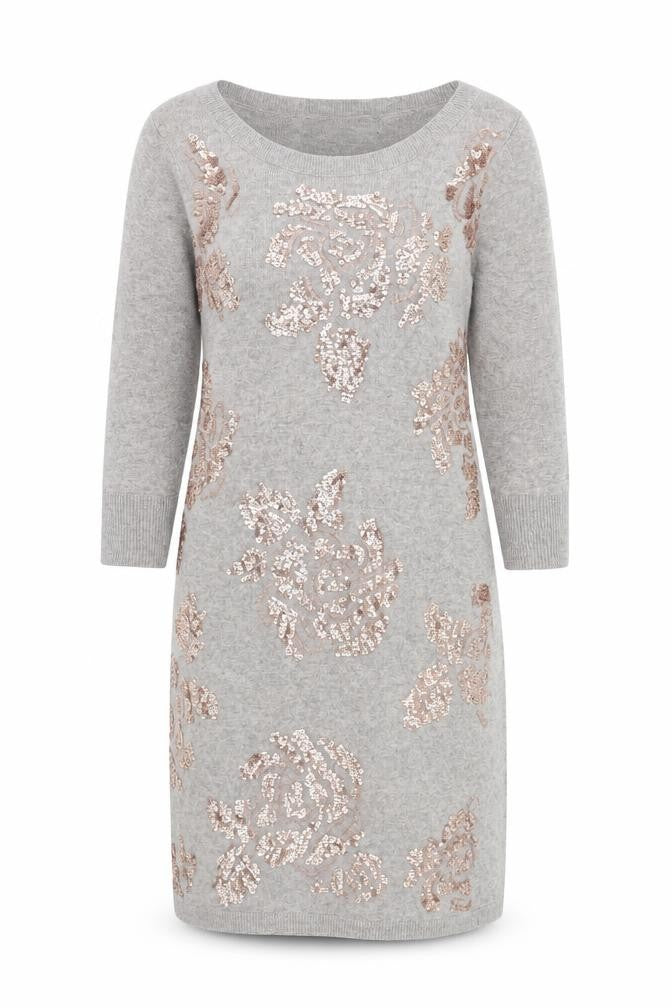 Monsoon Womens Beige Cotton Jumper Dress Size S Boat Neck - Sequins Embroidered