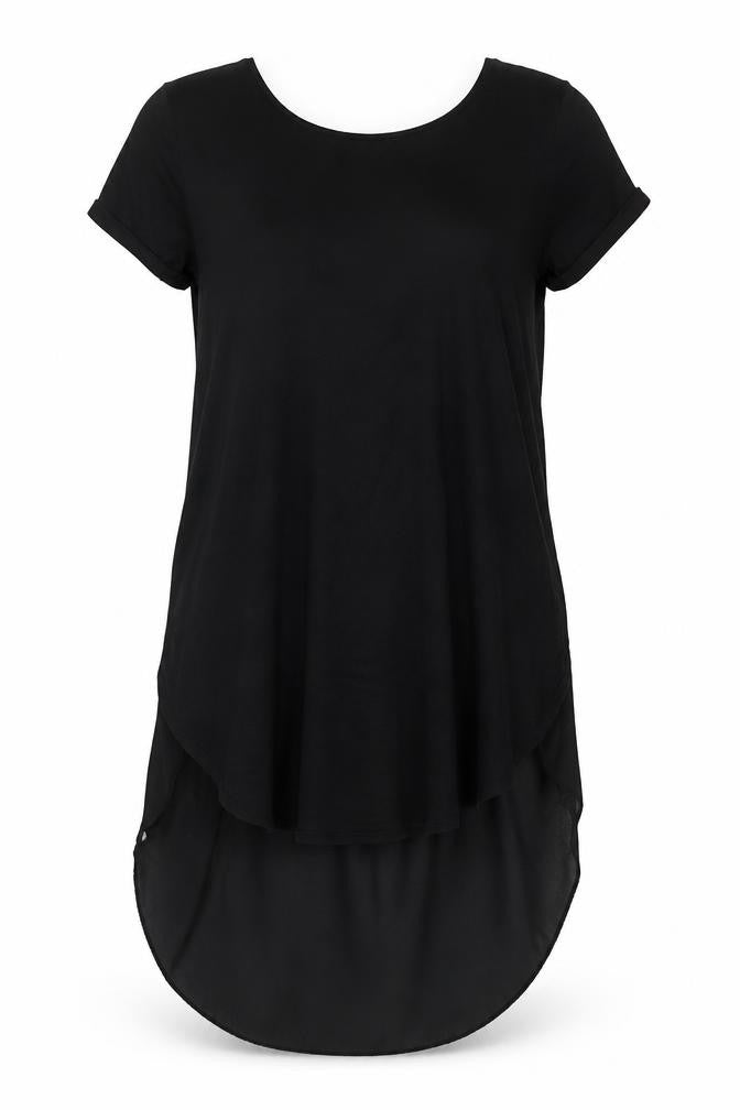 Front view of Originals 1974 women’s black polyester tunic t-shirt, size S, round neck - rounded hem with longer back