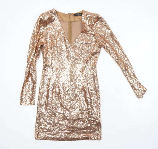 Jane Norman Womens Gold Polyester Shift Size 10 V-Neck Zip - Sequin Detail