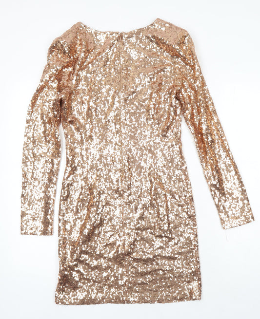Jane Norman Womens Gold Polyester Shift Size 10 V-Neck Zip - Sequin Detail